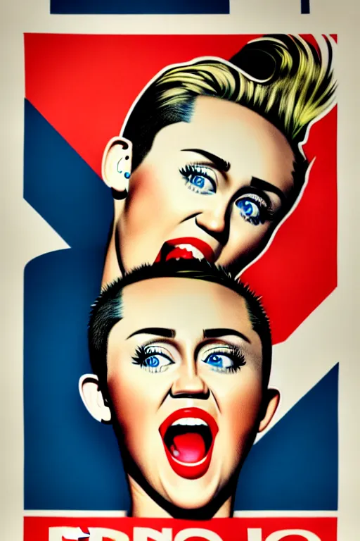 Image similar to propaganda poster, miley cyrus, close up, portrait, shouting