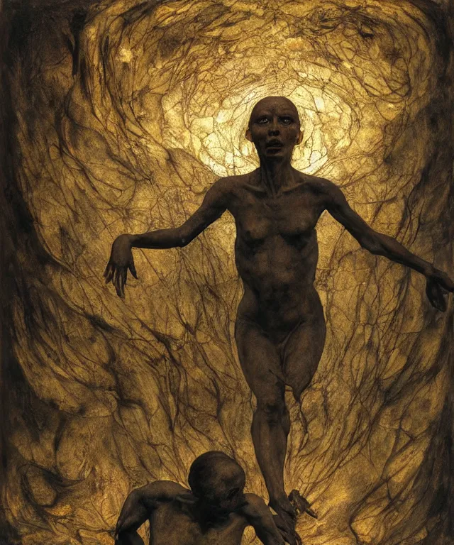 Prompt: The room without doors and windows with beautiful full-body wax sculpture of the glowing transparent woman with visible golden bones inside her in the singularity where stars becoming baroque folds of dark matter by Michelangelo da Caravaggio, Nicola Samori, William Blake, Alex Grey and Beksinski, dramatic volumetric lighting, super detailed oil painting, 8k, masterpiece