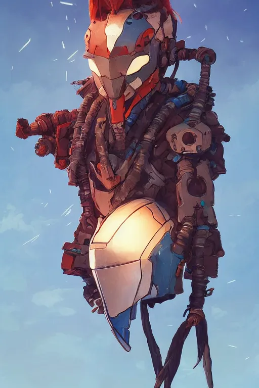 Image similar to combination suit armor aloy horizon forbidden west horizon zero dawn robot ninja mask helmet backpack tribal, fanart behance hd artstation by jesper ejsing, by rhads, makoto shinkai and lois van baarle, ilya kuvshinov, ossdraws