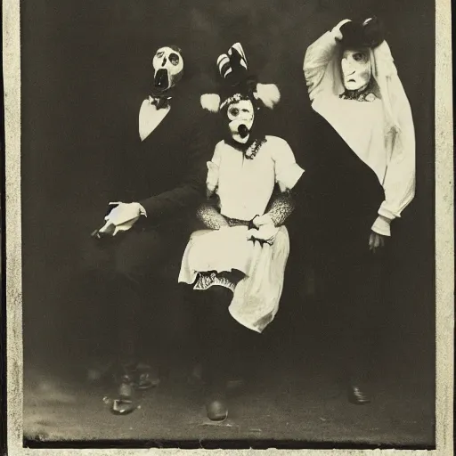 Image similar to portrait of side show clowns, photograph, style of atget, 1 9 1 0, creepy, dark