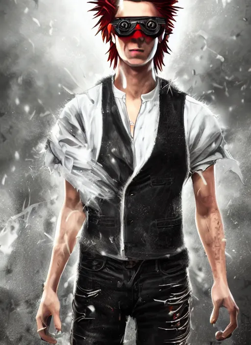 Image similar to An epic fantasy comic book style portrait painting of young man with long red spiked hair. Wearing a black waistcoat, white shirt, using googles. Rockstar. Blasting fire on his hands. Unreal 5, DAZ, hyperrealistic, octane render, cosplay, RPG portrait, dynamic lighting