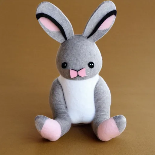 Image similar to a cute elegant felt plush doll of a rabbit wearing overalls detailed highly realistic