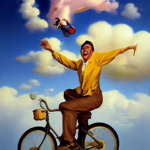Image similar to A whimsical painting of a happy man flying in the sky on his bicycle in the clouds by Artgerm, Mark Arian, Rolf Armstrong