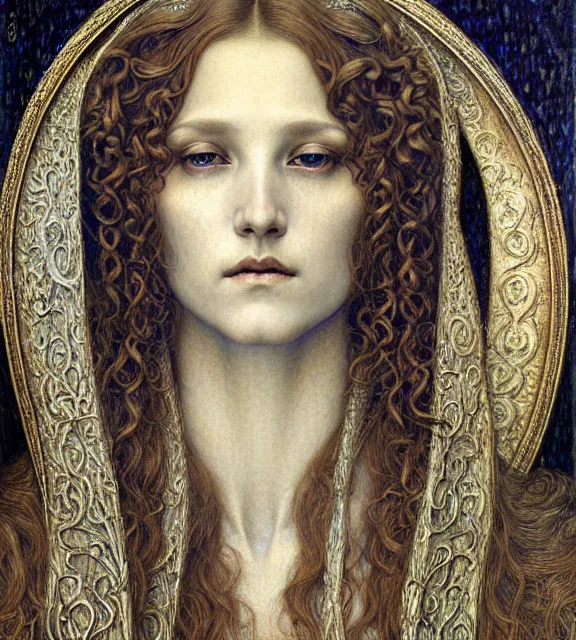 Image similar to detailed realistic beautiful young medieval queen face portrait by jean delville, gustave dore and marco mazzoni, art nouveau, symbolist, visionary, gothic, pre - raphaelite. horizontal symmetry