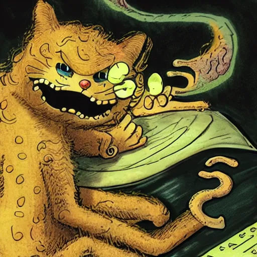 Image similar to jon arbuckle as a lovecraftian monster petting garfield the cat