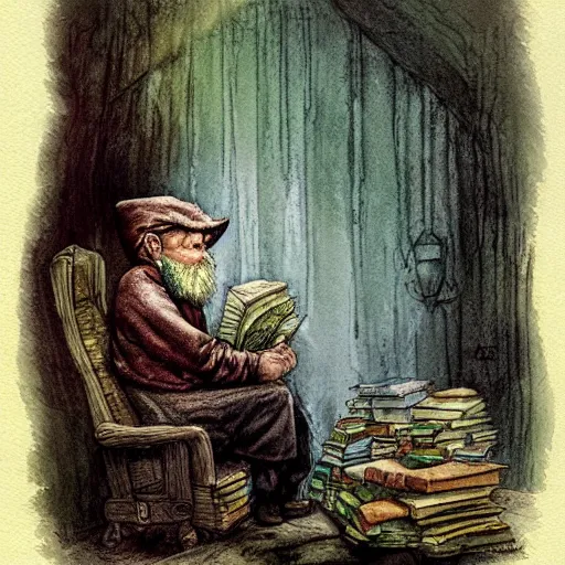 Image similar to dramatic light volumetric light hobbit knome elf whimsical fantastical a muted color watercolor sketch of a old man sitting in big chair next of a fireplace in his whimsical fantastical hobbit house living room surrounded by stacks of books from a whimsical fantastical story book character ifrom the book Baltimore & Redingote by Jean-Baptiste Monge of an old man in the style of by Jean-Baptiste Monge that looks like its by Jean-Baptiste Monge and refencing Jean-Baptiste Monge