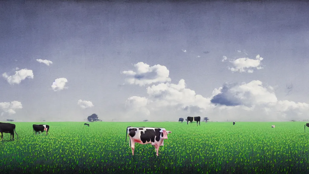 Image similar to cow pasture in saitama japan, a collage painting, in the style of wes anderson, lola dupre, david hockney, isolated on negative white space background dark monochrome neon fluorescent spraypaint accents volumetric octane render