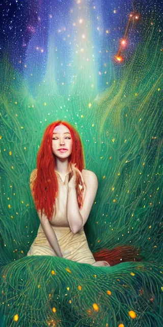 Image similar to infp young woman, smiling amazed, golden fireflies lights, sitting in the midst of nature fully covered, long loose red hair, intricate linework, bright accurate green eyes, small nose with freckles, oval shape face, realistic, expressive emotions, dramatic lights magical scene, hyper realistic ultrafine art by michael cheval, jessica rossier, boris vallejo