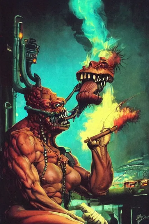 Prompt: An anthropomorphic demon smoking a cigar in a cyberpunk setting, by Frank Frazetta, 1980s synthwave color palette, Trending on Artstation, highly detailed,