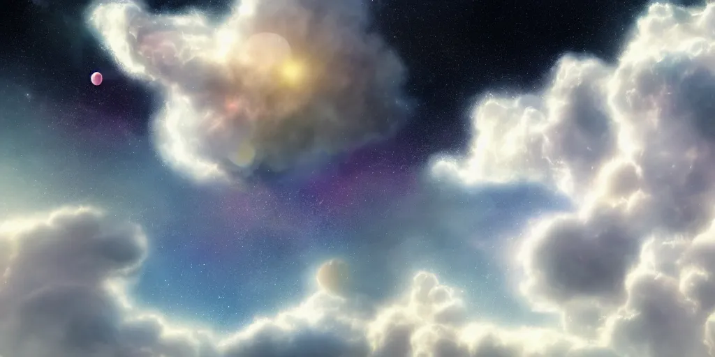 Image similar to Cosmic inflation bubbles peaking through the clouds clouds, concept art, matte painting, 8k, highly detailed, artstation, fluffy clouds, high quality,