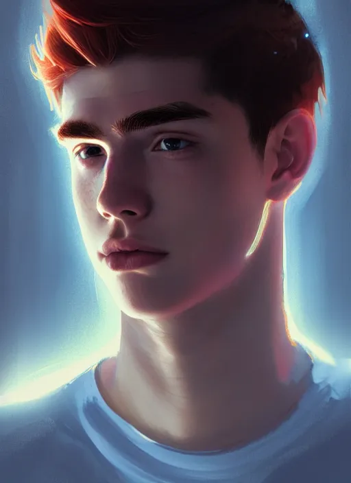 Image similar to portrait of teenage archie andrews, freckles, intricate, elegant, glowing lights, highly detailed, digital painting, artstation, concept art, smooth, sharp focus, illustration, art by wlop, mars ravelo and greg rutkowski