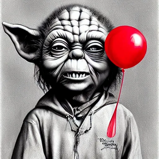 Image similar to surrealism grunge cartoon portrait sketch of yoda with a wide smile and a red balloon by - michael karcz, loony toons style, chucky style, horror theme, detailed, elegant, intricate