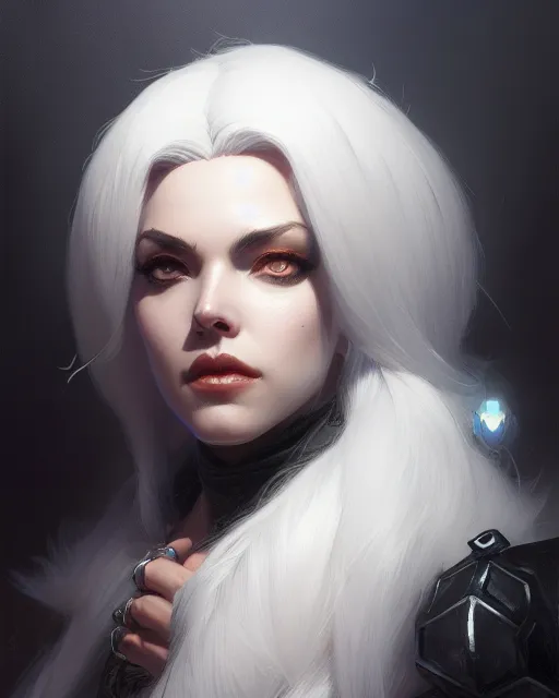 Image similar to ashe from overwatch, white hair, black hat, character portrait, portrait, close up, concept art, intricate details, highly detailed by greg rutkowski, michael whelan and gustave dore