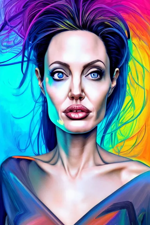 Image similar to a award winning half body portrait of a angelina jolie with stunning eyes in a croptop and cargo pants with rainbow colored hair, outlined by whirling illuminated neon lines and fine lines swirling in circles by jesper ejsing and rhads and makoto and shinkai and lois van baarle, digital art, trending on artstation