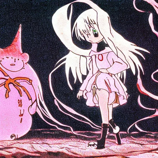 Image similar to an anime film by miyazaki of studio ghibli and tim burton, with scoring by danny elfman in the spirit of christmas, of a pastel goth vampire squid woman learning how to live in an empty cottage by herself on dry land, old vintage vhs, scan lines, grainy quality, real anime