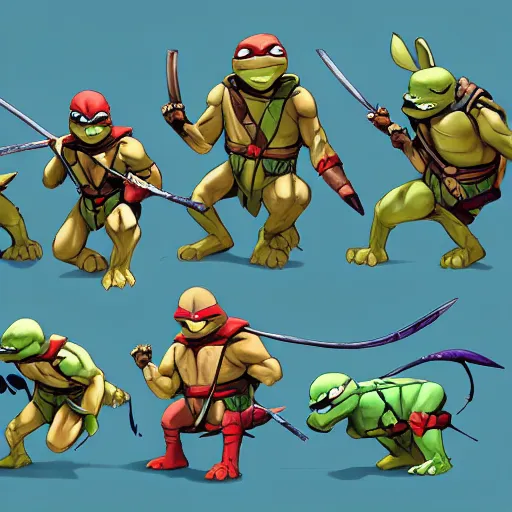 Image similar to teenage mutant ninja rabbits, artstation.