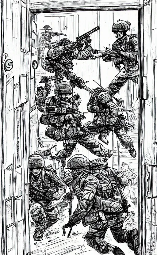 Image similar to soldiers breaching through a door illustrated by kim jung gius, detailed drawing, comic book drawing, black and white, ink drawing, strong perspective drawing