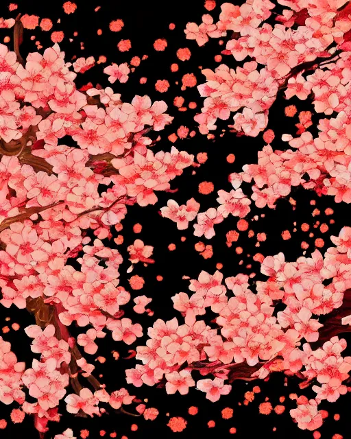 Prompt: burning sakura blooms swirling in black gold fluid, oriental wallpaper, artstation