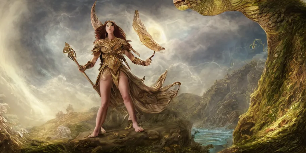 Prompt: A fantasy book style portrait painting of the Great Turtle Island at the center of the Universe holding up the sky, Encircled by a hybrid, of Anya_Taylor-Joy, Cory Chase, Eva Green, as a Mystical Valkyrie, Anubis-Reptilian, Atlantean Warrior, François Boucher, Oil Painting, unreal 5, DAZ, hyperrealistic, octane render, Regal, Refined, Detailed Digital Art, RPG portrait, William-Adolphe Bouguereau, Michael Cheval, Walt Disney (1937), Steampunk, Volumetric Golden dappled dynamic lighting, Highly Detailed, Cinematic Lighting, Unreal Engine, 8k, HD