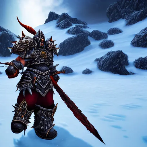Image similar to world of warcraft orc warrior in spiky epic full plate armor standing in a vast icy lands and dark icy mounatins in the background, extremely detailed, wow, cinematic, unreal engine 5, artistic, movie poster, world of warcraft cinematics style
