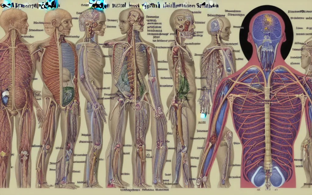 Prompt: techno - spiritual diagram of humanity's future evolution, scientific anatomical diagram