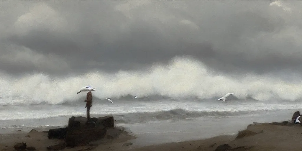 Image similar to storm, grey clouds, seagulls above a rough surf, jeremy lipking
