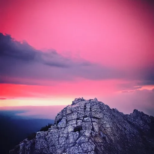 Image similar to at the top of the mountain, the sunset, above all the people is a huge huge ego, in the form of a twisted old man. thick pink clouds.