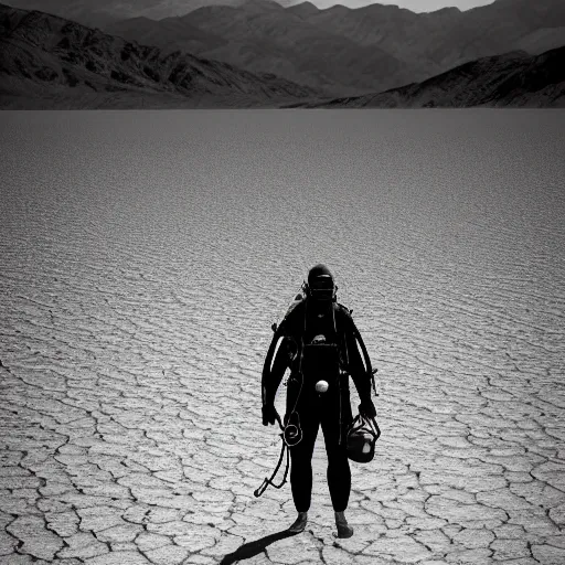 Prompt: a scuba diver walking in death valley, photography, highly detailed, high quality, 8 k, soft lighting,