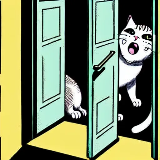 Image similar to illustration of a cat meowing in front of a door. creepy horror by Junji Ito.