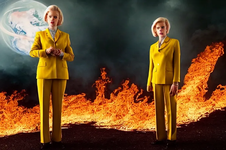 Image similar to a moody photograph of a confident caucasian woman in her 6 0's with short blonde hair wearing a tailored yellow suit standing against a backdrop of the planet earth engulfed in flames. photograph by annie leibowitz, cinematic lighting, sci fi, futuristic