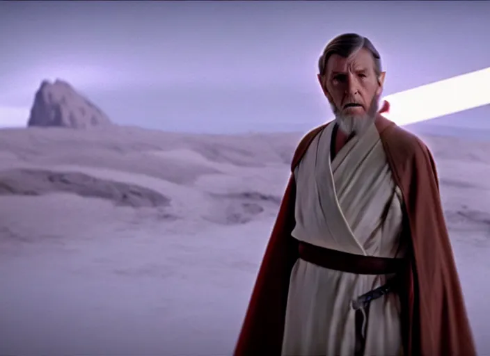 Prompt: young leonard nimoy as obi - wan kenobi, wearing a robe, in star wars : the force awakens ( 2 0 1 5 ). movie still