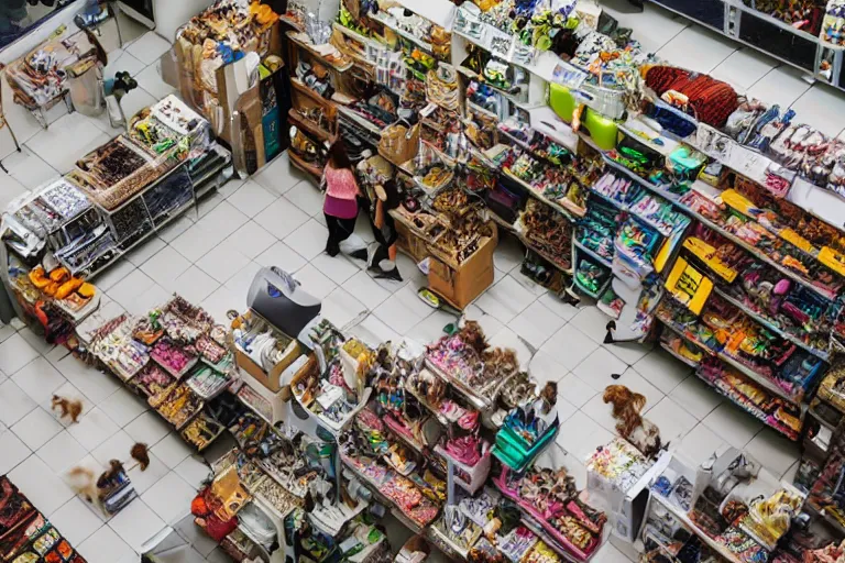 Image similar to overhead view, surveillance, empty pet store with some pets moving around on the floor