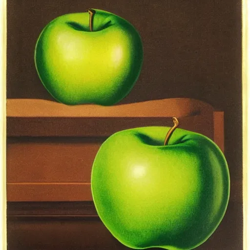 Prompt: Victorian gentlemen wearing a bowler hat looking on a green apple, in the style of rene magritte, 1900s photo