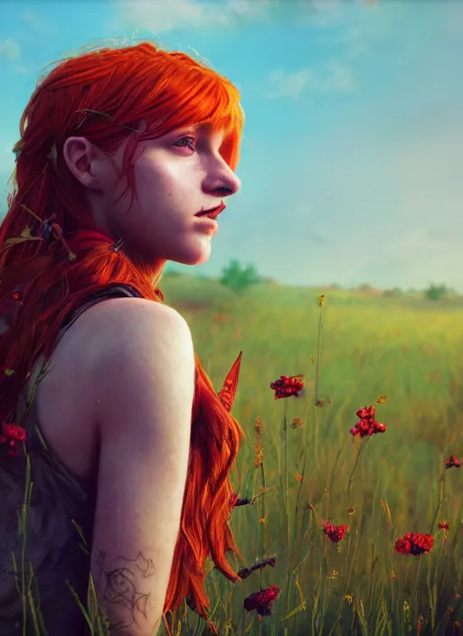 Prompt: An epic fantasy comic book style portrait painting of a young red headed girl with a small golden bee tattoo on her shoulder in a field of flowers , unreal 5, DAZ, hyperrealistic, octane render, cosplay, RPG portrait, dynamic lighting