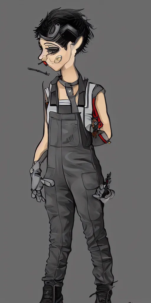 Image similar to an androgynous punk girl with short hair who is a mechanic wearing overalls, grey background, illustration, character concept design, trending on artstation