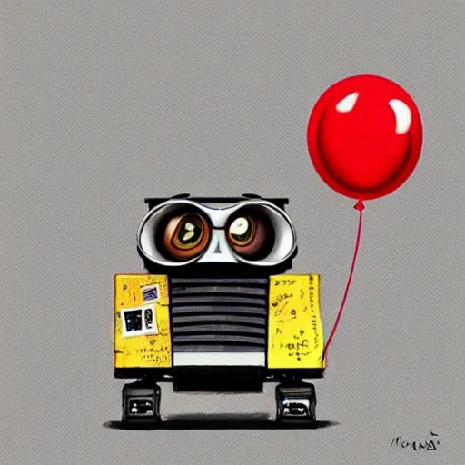 Prompt: surrealism grunge cartoon portrait sketch of wall-e with a wide smile and a red balloon by - michael karcz, loony toons style, wall-e style, horror theme, detailed, elegant, intricate