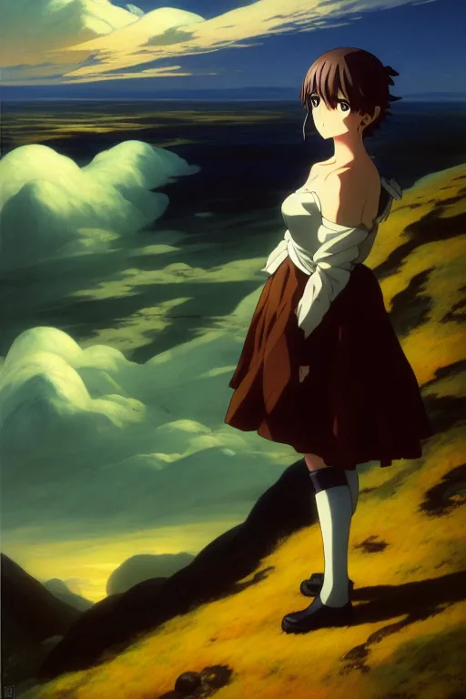 Prompt: anime key visual of wanderer above the sea of fog 1 8 1 8 but figure is anime maid in armor set in grimdark fantasy with shoulder - length brown hair, sunrays between clouds, in the style of jamie wyeth james gilleard edward hopper greg rutkowski acrylic painting, oil on canvas, preserved museum piece, historical