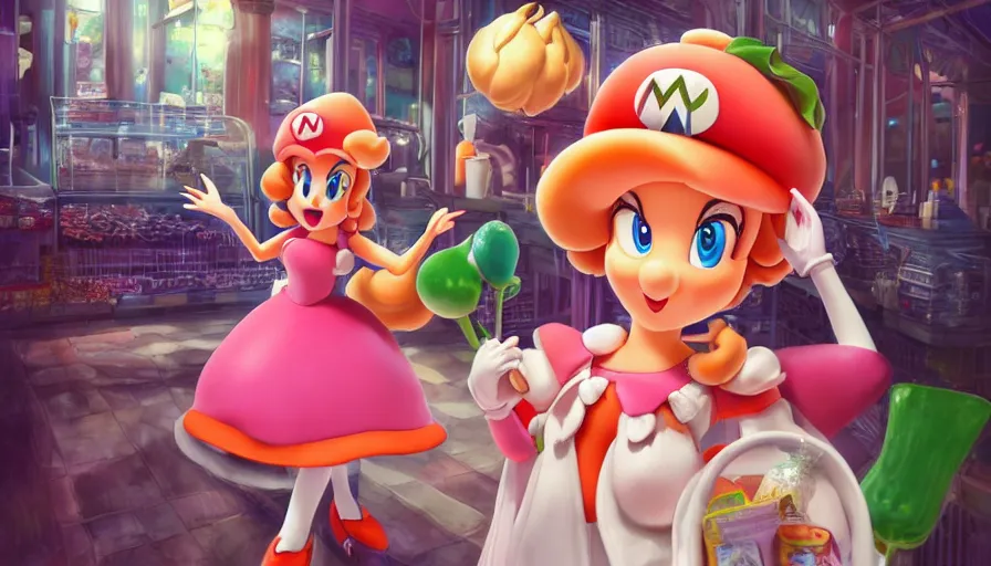 Image similar to photography of princess peach from mario in a grocery store with frock, in the mushroom kingdom, mario theme grocery store around, winter, anime style character, clean soft lighting, backlit beautiful face, clean brush stroke, 8 k character concept art, by wolp and artgerm ， 3 d