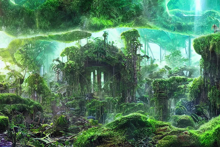 Prompt: high - tech atlantean scifi ruins in the jungle covered in moss, hologram projections, forest spirits dancing, fantasy concept art