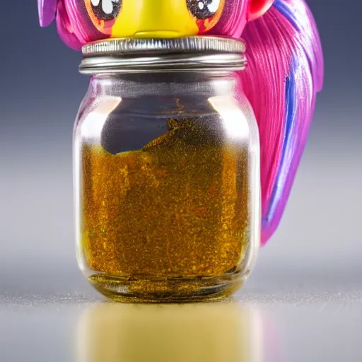 Image similar to a my little pony figure in a jar covered in a mysterious sticky yellowish fluid, photography, 8 k