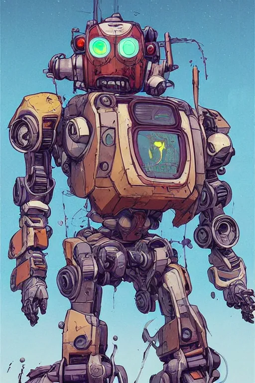 Image similar to a study of cell shaded portrait of a mech robot as Borderlands 3 concept art, llustration, post grunge, concept art by josan gonzales and wlop, by james jean, Victo ngai, David Rubín, Mike Mignola, Laurie Greasley, highly detailed, sharp focus, alien, Trending on Artstation, HQ, deviantart, art by artgem