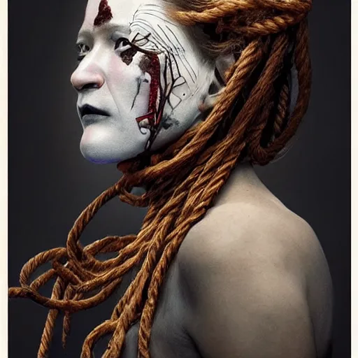 Image similar to portrait of a Shibari rope wrapped face and neck, headshot, insanely nice professional hair style, dramatic hair color, face paint half and half, digital painting, of a old 15th century, old cyborg merchant, amber jewels, baroque, ornate clothing, scifi, realistic, hyperdetailed, chiaroscuro, concept art, art by Franz Hals and Jon Foster and Ayami Kojima and Amano and Karol Bak,