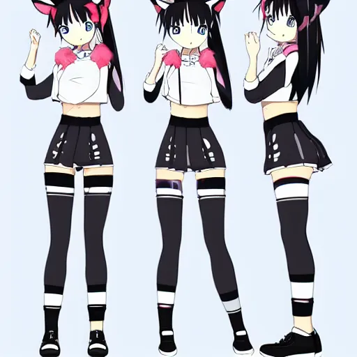 Image similar to Japanese styled anime character design sheet of a shy caucasian short girl with black hair, heterochromia eyes and with cat ears and cat tail wearing a white and blue moon inspired oufit, fishnet stockings, white sneakers, white earrings and a black nose ring, trending on artstation