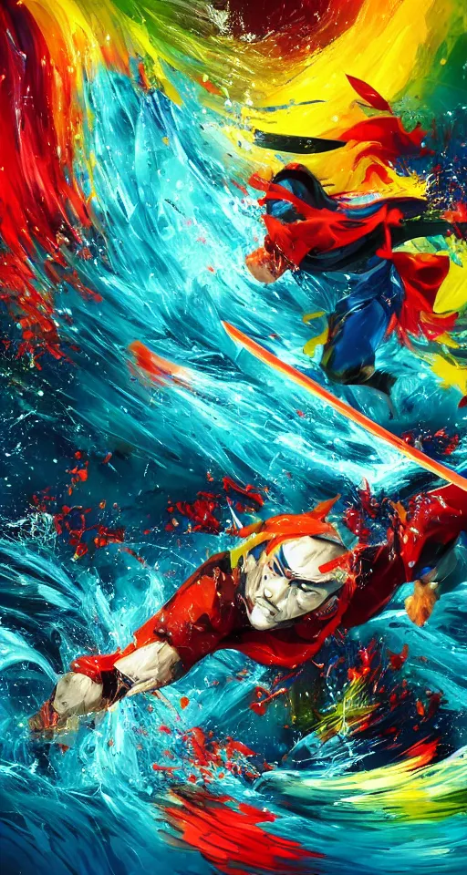 Image similar to colorful beautiful abstract scene, ninja with katana of water wave, full body, water fists of fury, jumping leaping heroic attack, action scene, ultra detailed