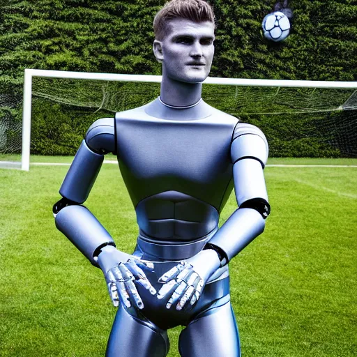 Image similar to a realistic detailed photo of a guy who is an attractive humanoid who is half robot and half humanoid, who is a male android, soccer player timo werner, shiny skin, posing like a statue, blank stare, by the pool, on display, showing off his muscles, humanoid robot, frozen ice statue, made of ice