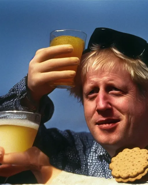 Image similar to film still close - up shot of boris johnson on the beach and drinking a beer with chocolate biscuits from the movie monty python's the meaning of life. photographic, photography