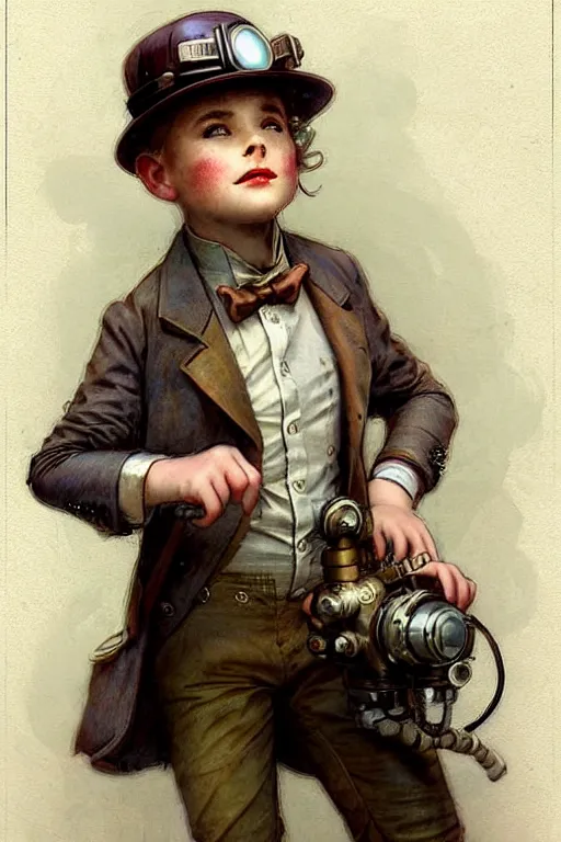 Image similar to ( ( ( ( ( 2 0 5 0 s retro future 1 0 year boy old super scientest in steampunk mechanics costume full portrait. muted colors. ) ) ) ) ) by jean - baptiste monge!!!!!!!!!!!!!!!!!!!!!!!!!!!!!!