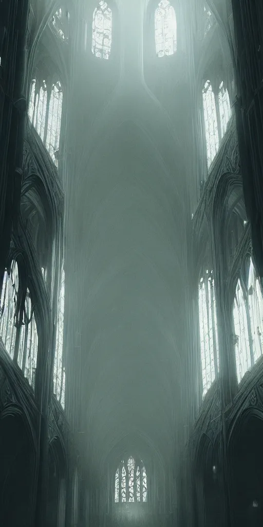 Prompt: epic cathedral!!!!!!!!!! interior!!! god-rays artstation atmospheric concept art cinematic digital fantasy gothic tall architecture haze!!! hazy smoke octane mood monks!!!