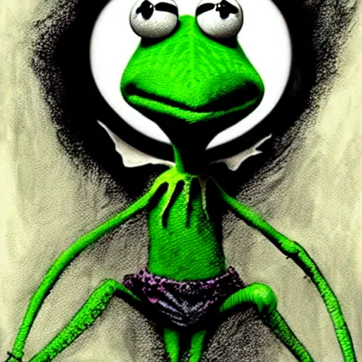 Image similar to grunge cartoon drawing of kermit the frog by - michael karcz , in the style of corpse bride, loony toons style, horror themed, detailed, elegant, intricate
