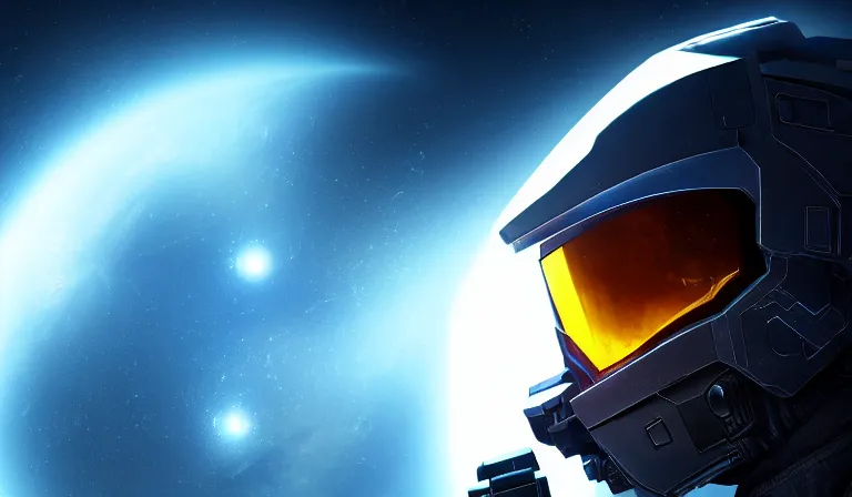 Image similar to cyberpunk halo helmet on space, planet behind, close shot, reflection, epic, dramatic, cinematic, award winning, ultra detailed, realistic, 8k,